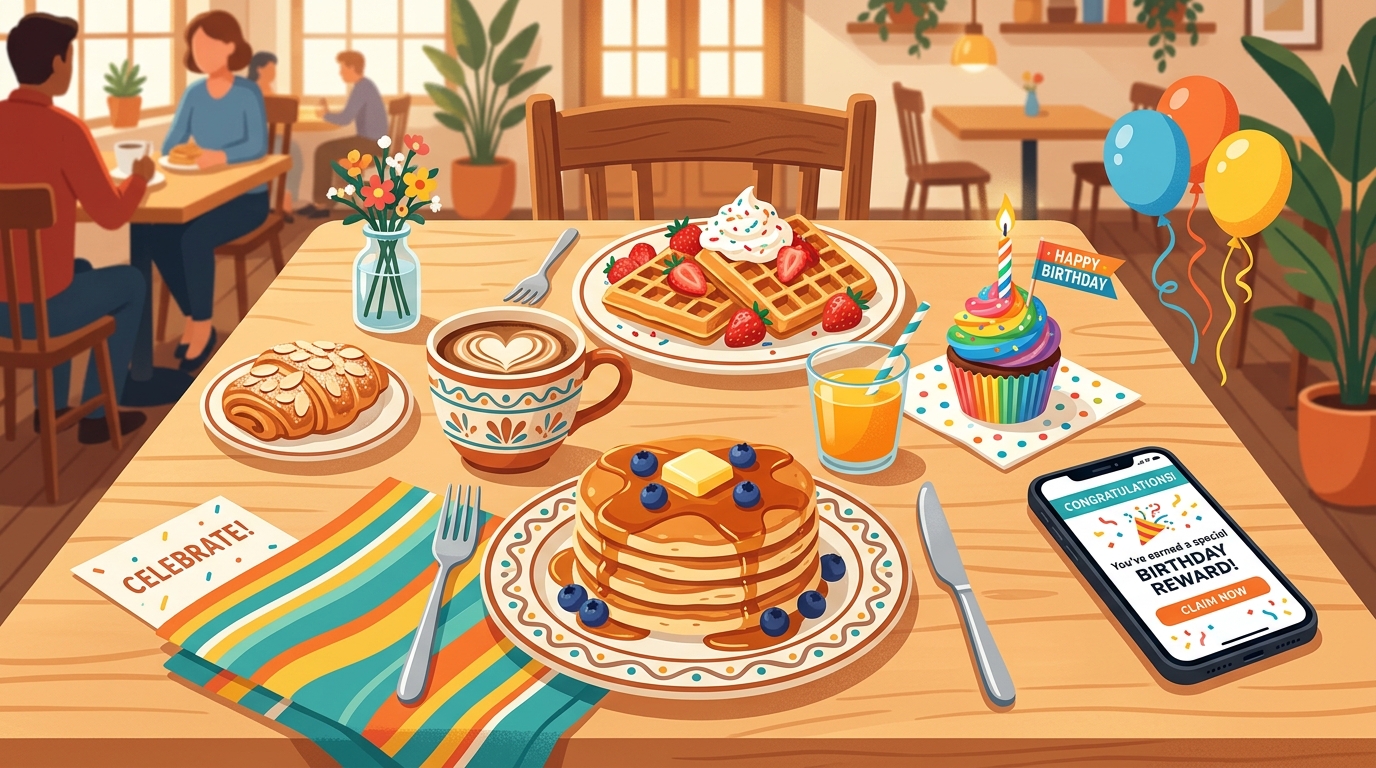 birthday breakfast rewards with pancakes coffee and pastries