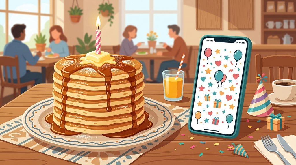 birthday pancake reward with breakfast plate and phone