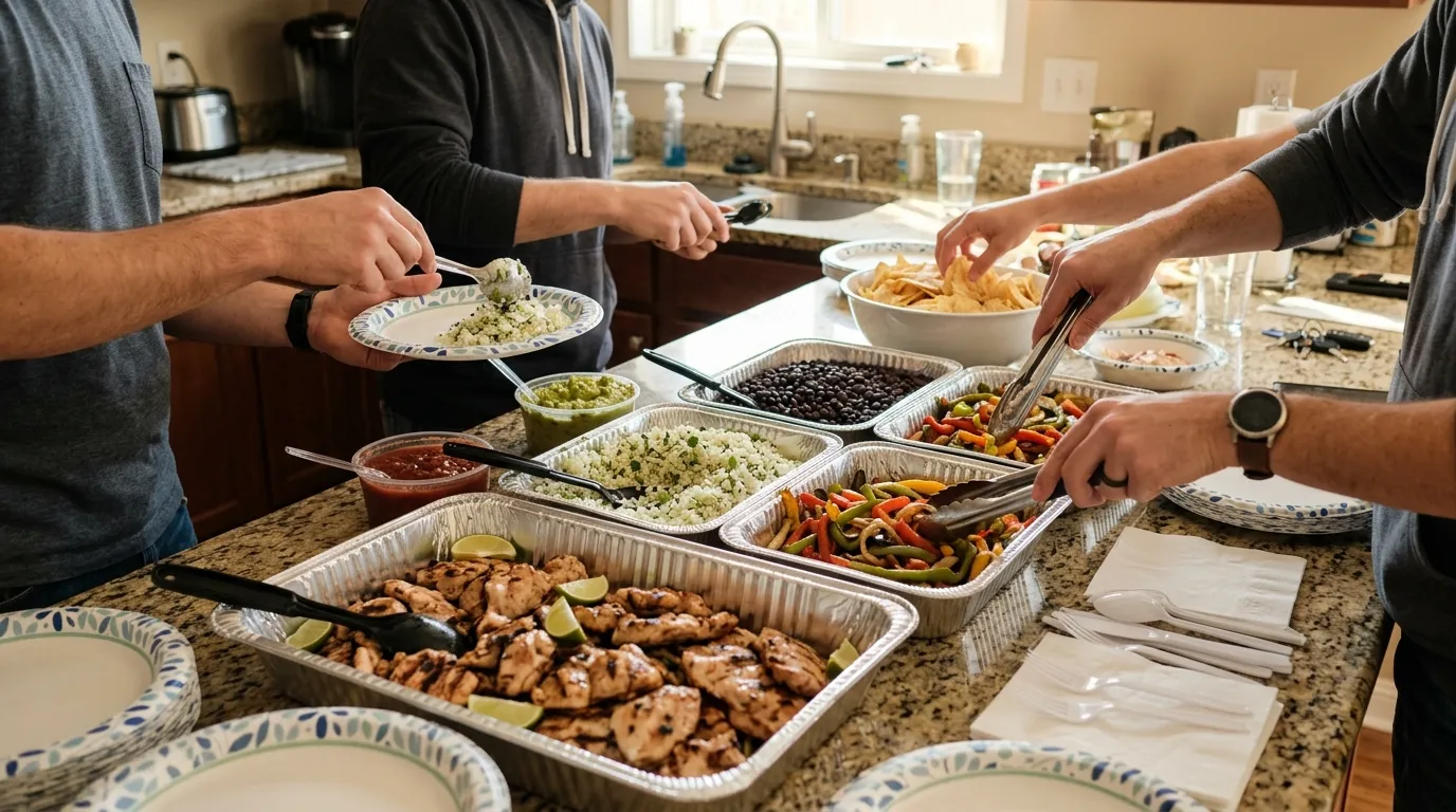 Chipotle catering tray for Sunday with chicken, rice, beans, salsa and guacamole