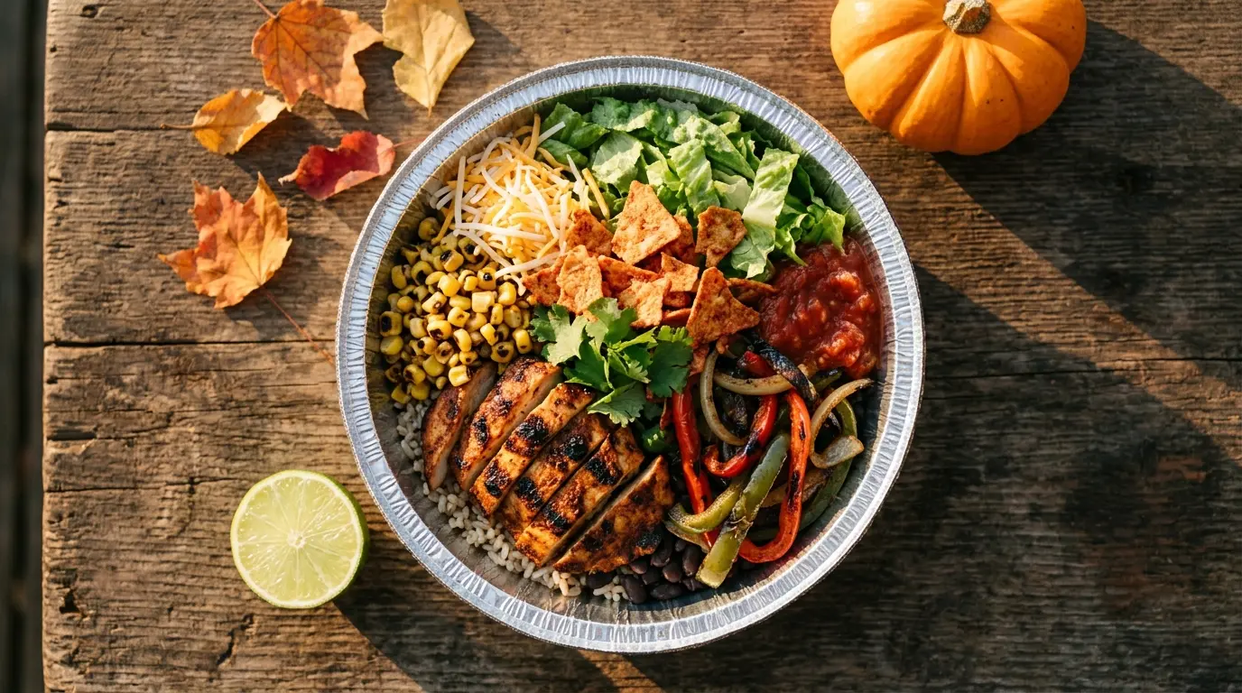 The one-dish harvest drop, a Chipotle-style fall bowl with brown rice, black beans, grilled chicken, corn salsa and fajita veggies