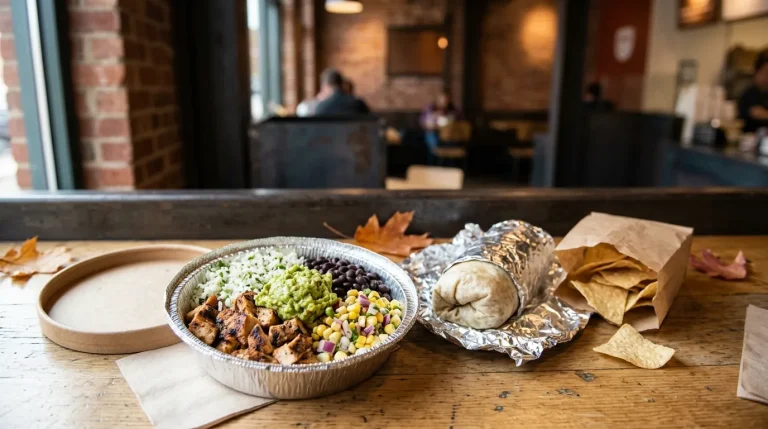 Pollo Asado bowl, foil-wrapped burrito and chips at Chipotle