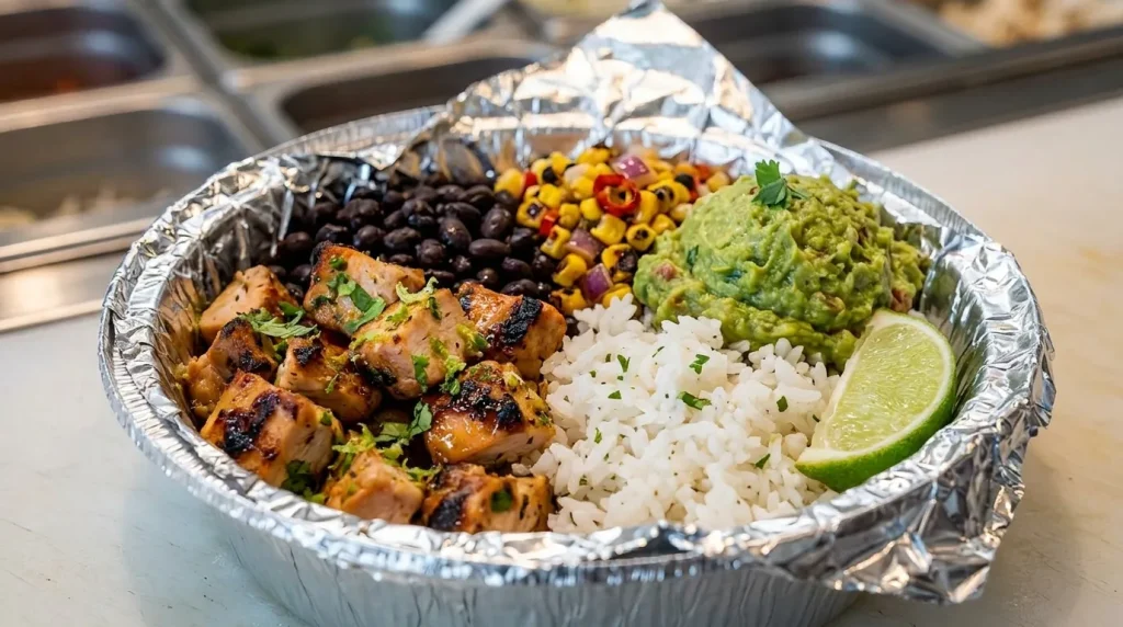 Chipotle Pollo Asado bowl with rice, black beans, corn salsa and guacamole
