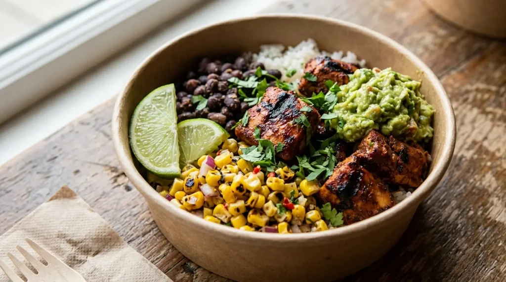 Chipotle Pollo Asado bowl with rice, black beans, corn salsa and guacamole