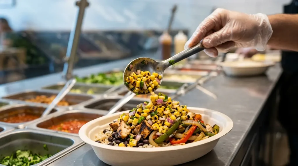 Building the one-dish harvest drop bowl with corn salsa and fajita veggies on a fast-casual food line
