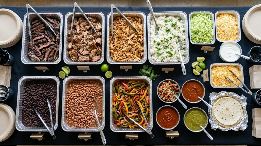 Chipotle build your own catering bar with proteins, rice, beans and toppings