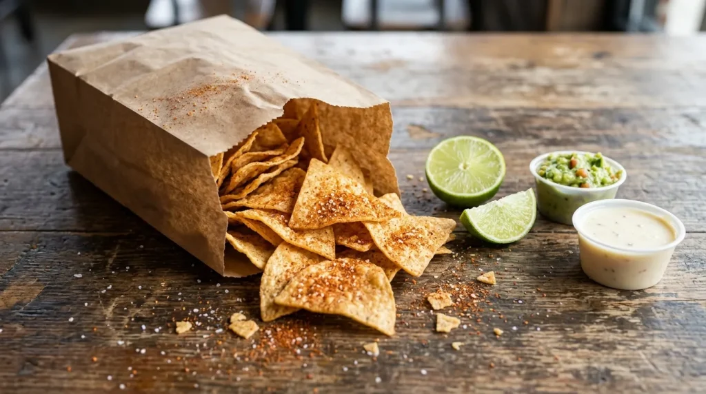 Chipotle Chili Lime Chips in a paper bag with guacamole and queso