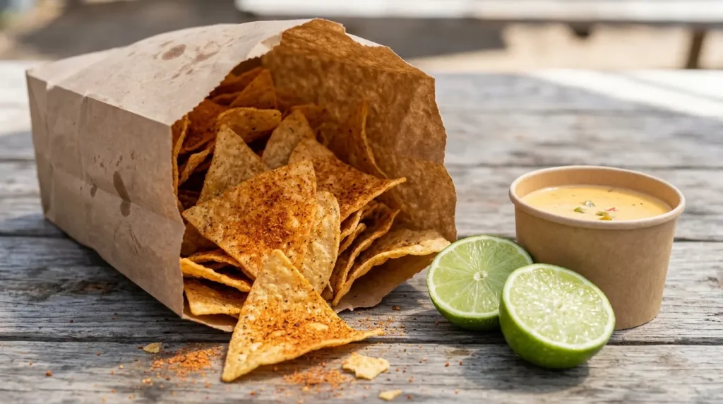  Chipotle Chili Lime Chips with lime and queso