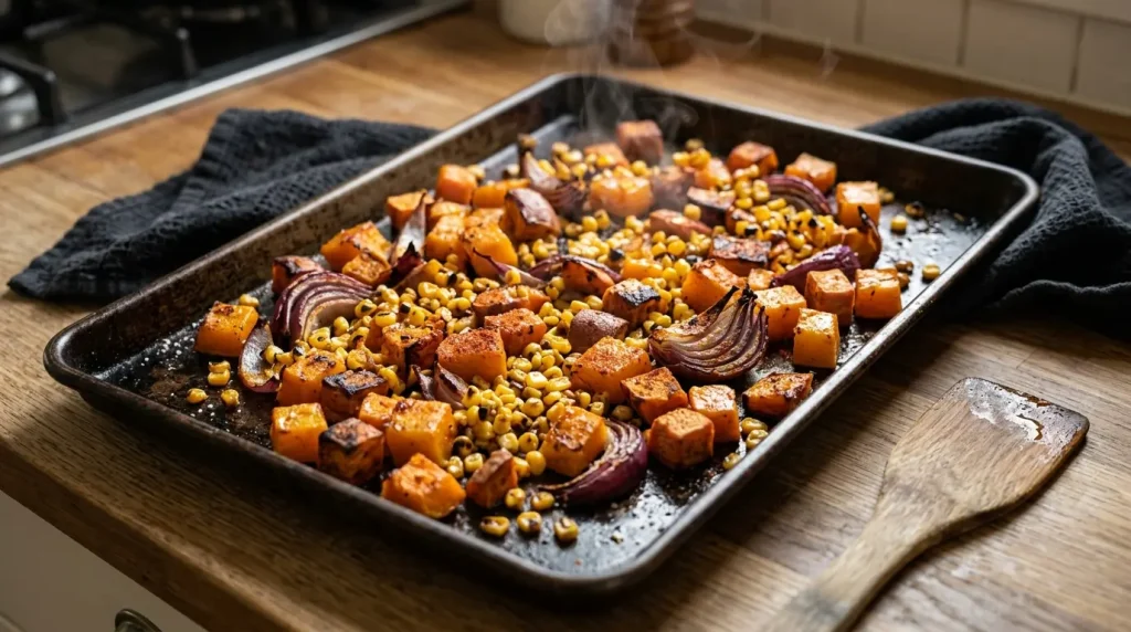 Roasted butternut squash, sweet potato, red onion and charred corn on a sheet pan for a homemade harvest bowl
