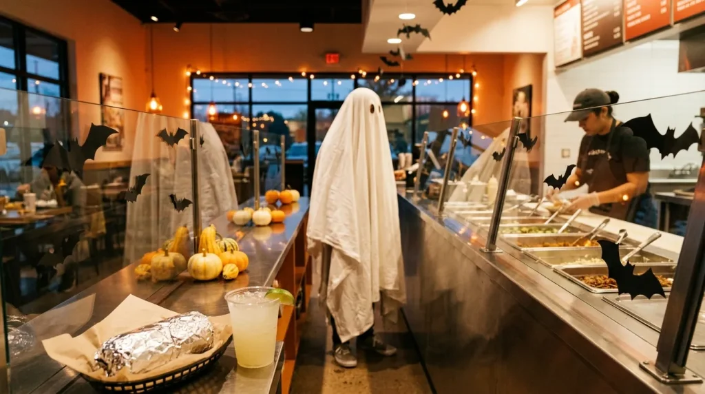 Halloween-decorated Chipotle counter with a burrito, margarita and customer in costume
