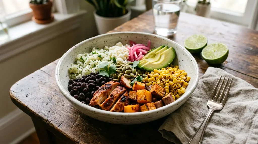 Homemade one-dish harvest drop with roasted squash, chipotle chicken, cilantro-lime rice and pumpkin seeds