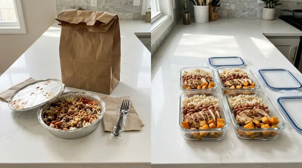  Chipotle takeout harvest bowl next to homemade harvest bowl meal prep containers
