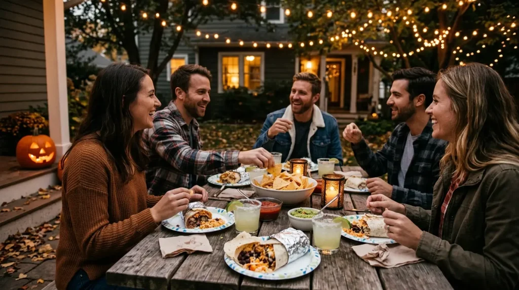  Friends enjoying the Chipotle fall menu around Halloween