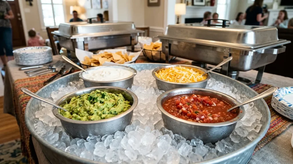 Keeping Chipotle catering toppings cold on ice at a Sunday party