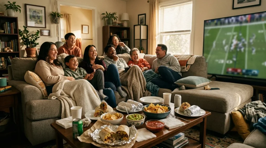 Family enjoying Chipotle catering on Sunday game day
